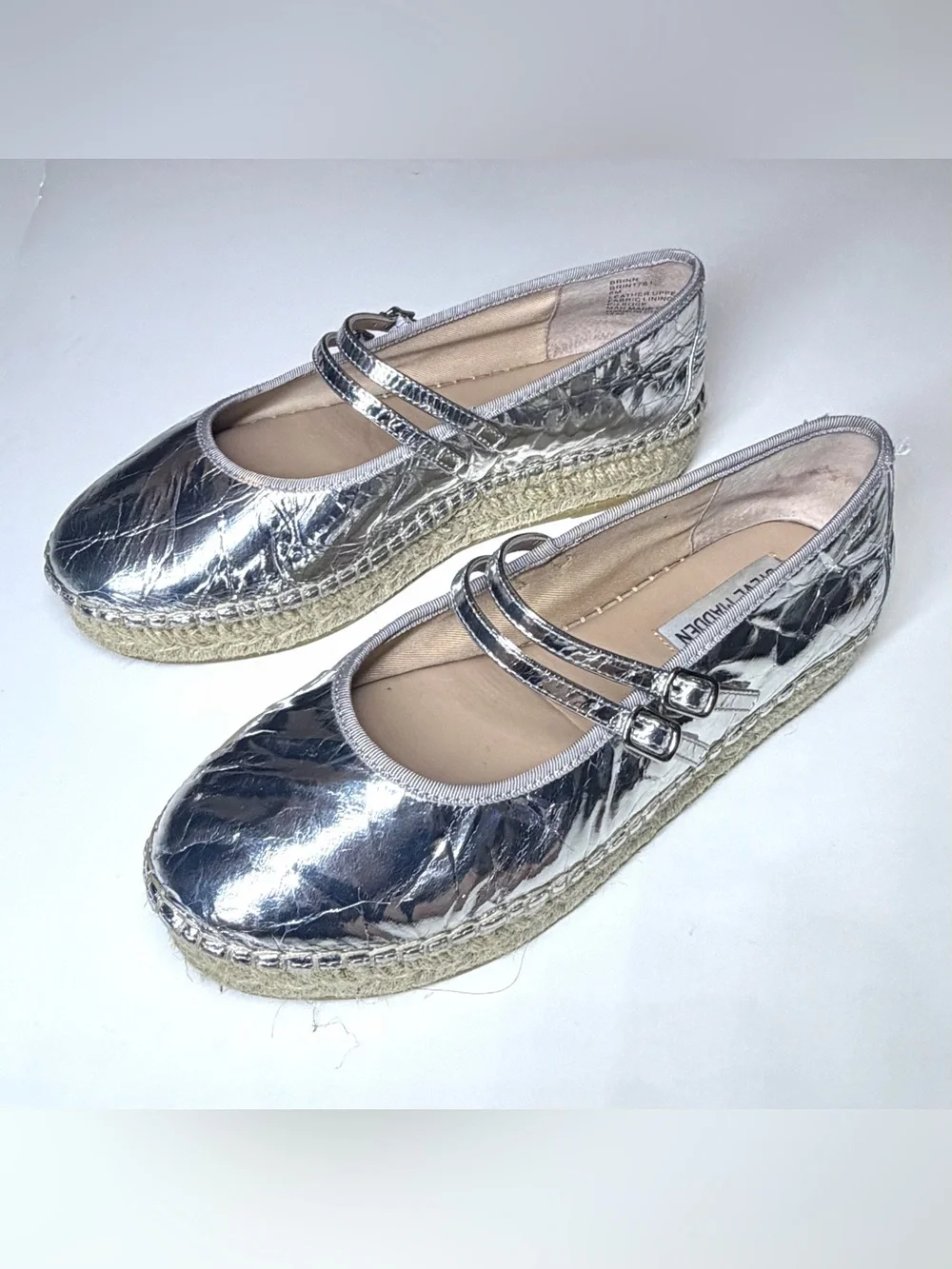 Steve Madden Women’s Silver Metallic Espadrille Mary Jane Platform Flats Size-8M